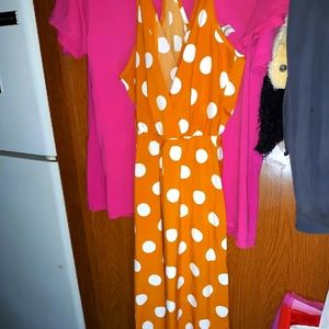 Orange white poka dot long dress size small